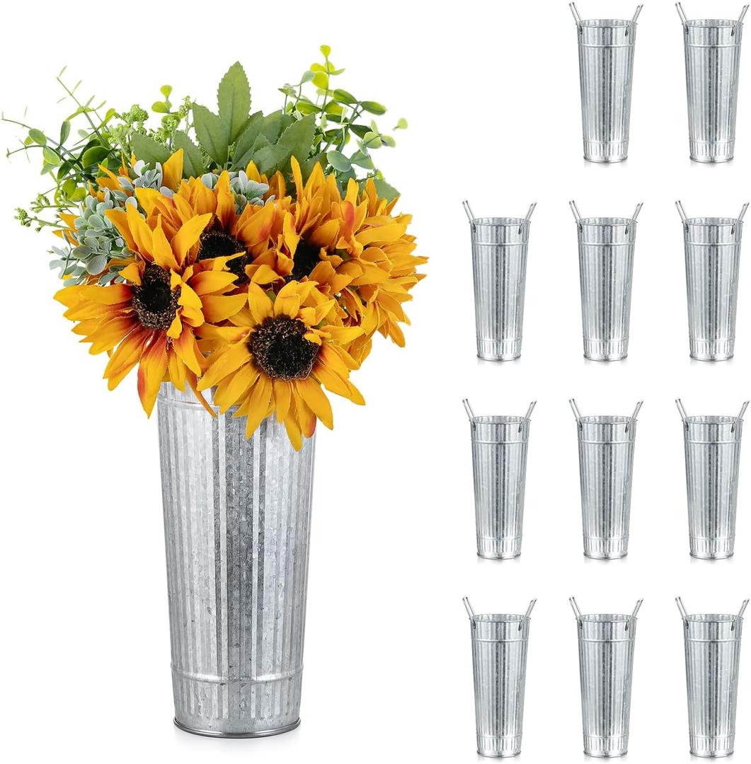 NUPTIO Galvanized Flower Bucket for Wedding: 98.7" Tall Tin Planter for Flower Bar - Rustic Metal Vases for Table Centerpiece Home Garden Decor Set of 12