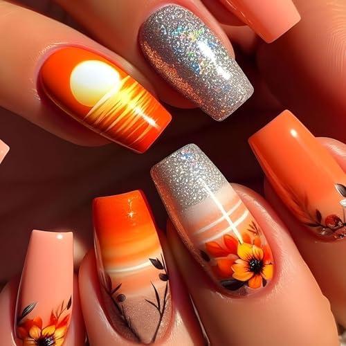 Coffin Press on Nails Medium Fake Nails with Flower Glitter Designs Summer Nails Press ons Glossy Glue on Nails Orange Acrylic Nails Gradient Artificial Stick on Nails for Women 24Pcs