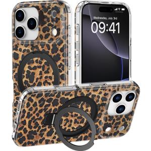 DEENAKIN for iPhone 17 Pro Case - Wireless Charging Compatible - Integrated Multi-Functional Kickstand - Protective Phone Case with Trendy Cute Designs for Women - Brown Leopard -Print