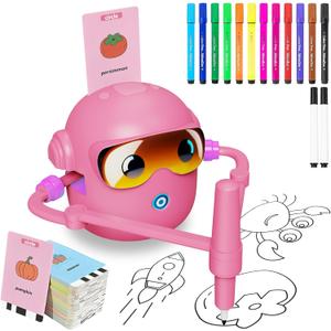 Drawing Robot for Kids, with 100 Word Cards, 12 Color Pens, Voice Interactive Educational Drawing Machine, Montessori Painting Learning Toys for 3 4 5 6 7 8 Year Old Boys Girls Birthday Party (Pink)