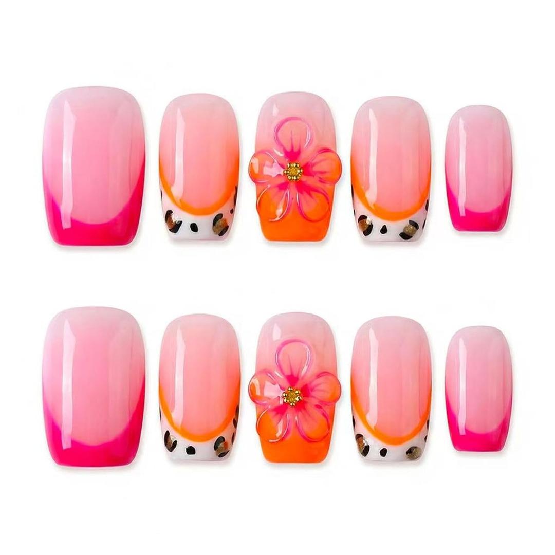 Medium Handmade Press on Nails Square Pink Gradient Fake Nails with 3D Flower Leopard Print Reusable Acrylic False Nails for Women Glue on Nails for Summer Daily Party10Pcs(Size M)
