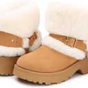 Furry Winter Boots for Women, Block Heels Snow Boot Platform Flurry Fuzzy Winter Booties Buckle Slip-On Comfort Outdoor Walking Shoes (7, Chestnut)