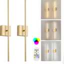 Battery Operated Wireless Wall Sconces Set of Two, with Remote, Dimmable, Warm White/Natural White/Daylight/RGB, 350Rotate, LED Gold Wireless Wall Light for Living Room, Bedroom, 28.3 Inch