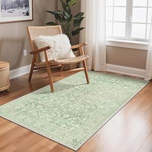 BESBLEE 3x5 Area Rugs for Living Room, Machine Washable Non Slip Vintage Rugs, Low Pile Lightweight Print Rug for Bedroom, Dining Room, Home Office, Green