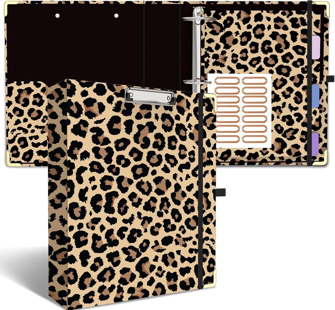 3 Ring Binder 2 Inch Ring, 2 Interior Pockets, 6 Tab Dividers, Low Profile Clipboard with Storage, Fashion Cute Binder and Labels Stickers for School Office (Cheetah Spots)