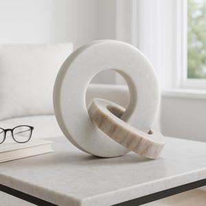 Home Decor and Bathroom Decor Marble Double Ring  Modern Shelf Sculpture and Office Accents for Room Styling  Coffee Table Ornaments and Living Room Decor Statues Design  6", White & Beige