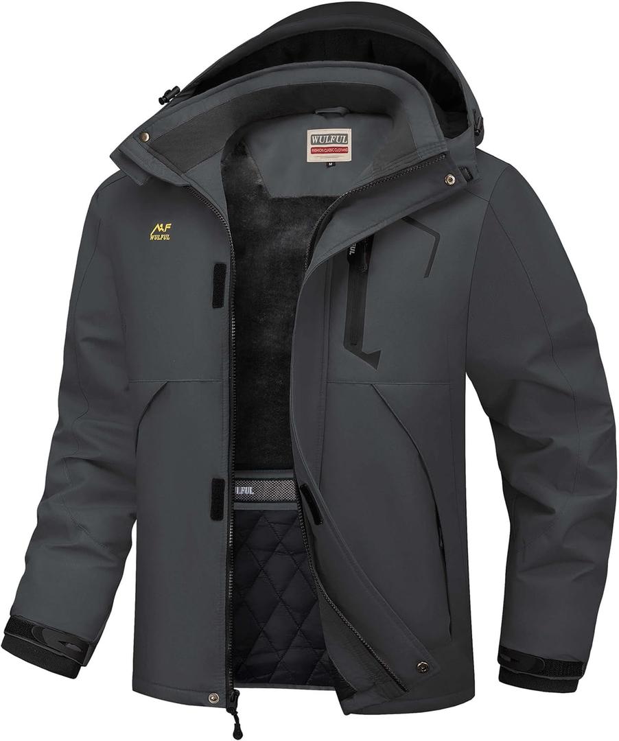WULFUL Men's Winter Coats Waterproof Ski Jacket Warm Windproof Winter Windbreaker Jackets for Men with Hood (Medium, Solid Dark Grey-0047)