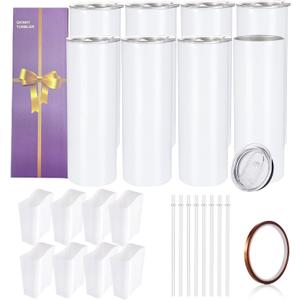 YOUKE OLA 8 Pack Sublimation Tumblers Bulk 20oz White Straight Blank Tumbler for Heat Transfer, Individual Gift Boxed, Stainless Steel Double Wall Insulated Cup with Shrink Wrap Sleeve, Heat Tape