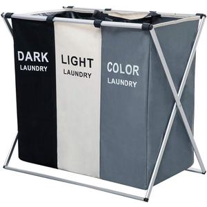 Nicesail 3 Section Laundry Basket Printed Dark Light Color, Foldable Hamper/Sorter with Waterproof Oxford Bags and Aluminum Frame, Washing Clothes Storage for Home, Dormitary Multicolored