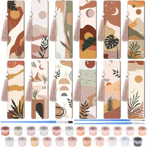 Kosiz 12 Pcs Boho Paint by Numbers Kit for Adults Wood Bookmark Painting Decor Mini Paint by Numbers Kit Tassels Blank Bookmarks Craft for Small DIY Book Lovers Gift 7x2 ''