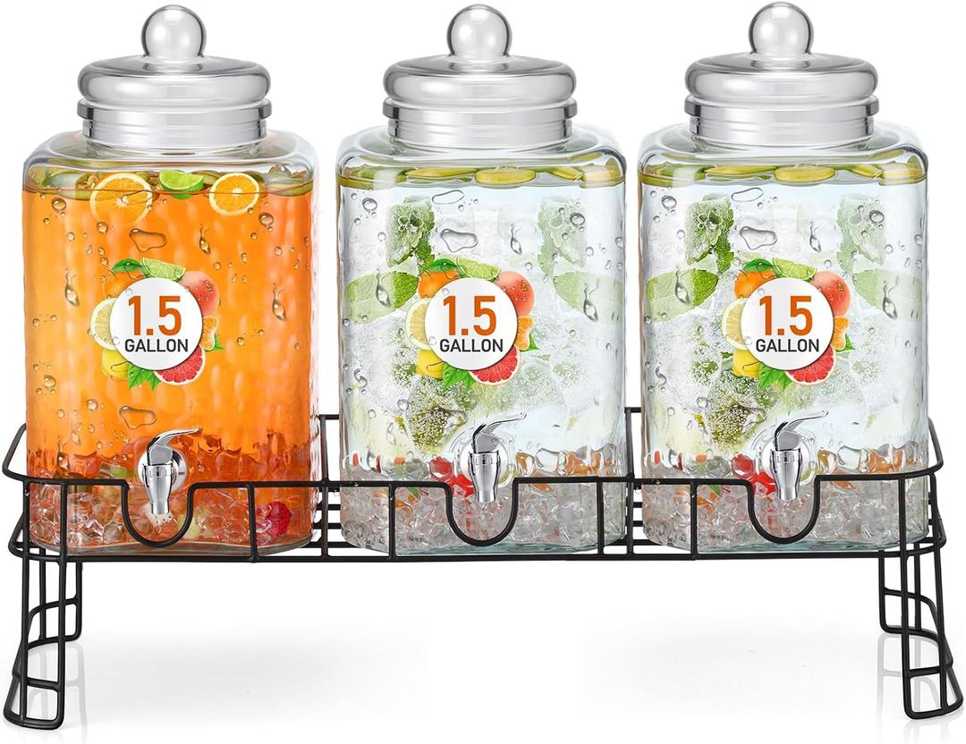 Honeydak 1.5 Gallon Glass Beverage Dispenser with Stand Stainless Steel Spigot Glass Lid Clear Iced Juice Container Leakproof Drink Dispenser Countertop Lemonade Water Jar for Wedding Party (3 Pack)