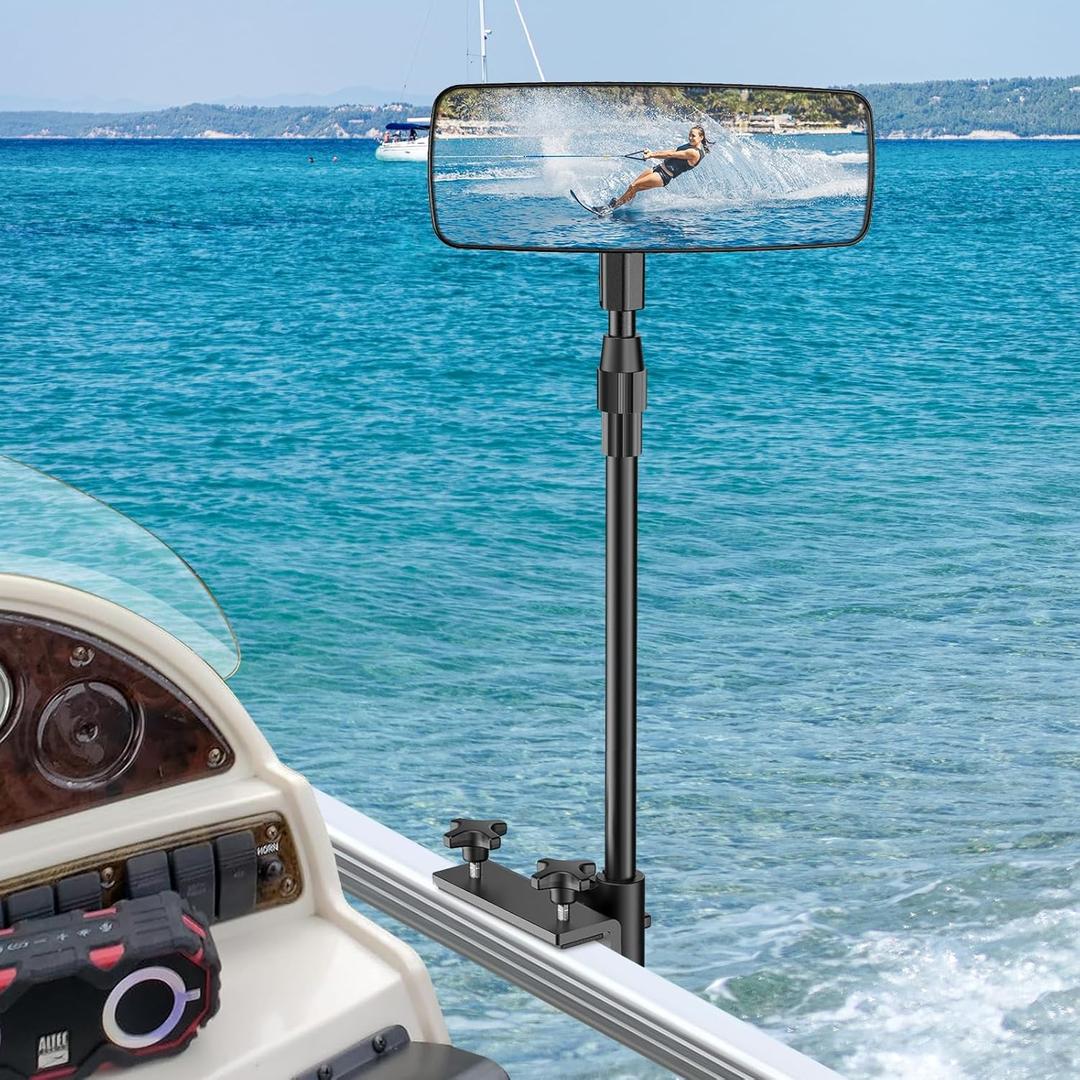 Boat Mirror, Upgraded Pontoon Boat Rear View Mirror with Telescopic Pole & Heavy Duty Bracket,Wide Angle Adjustable Marine Rear View Mirror for Pontoon Boat Ski Boats Water Skiing, Medium