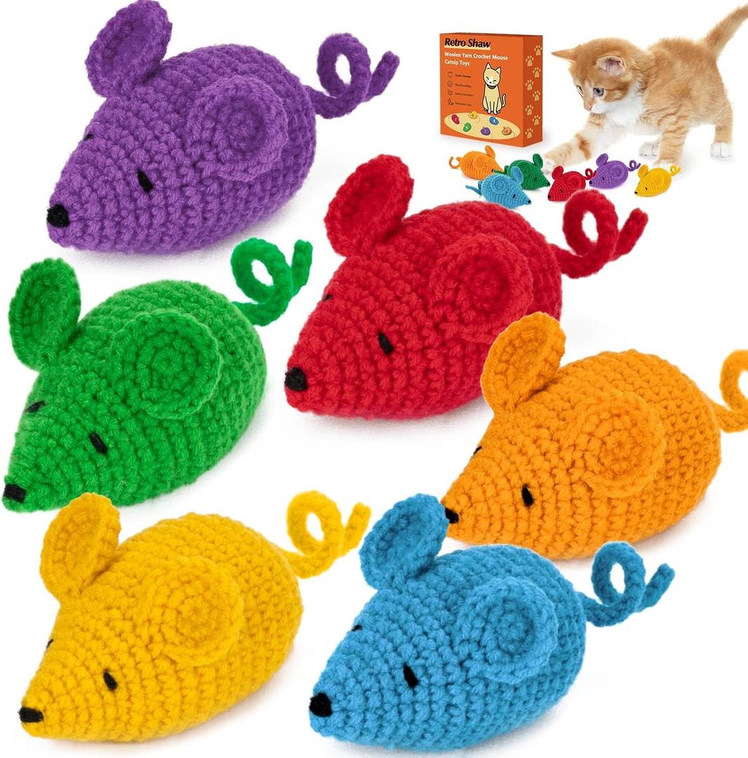 Retro Shaw Catnip Toys Crochet Mice Cat Toys, 3 Pcs Durable Yarn Cat Mouse Toys for Indoor Cats, Stuffed with Natural Catnip & Silvervine Blend, Handmade Interactive Kitten Chew Toy for Teeth Cleaning