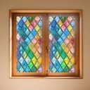 IVN Window Privacy Film Mosaic Diamond Stained Glass Window Film Decorative Static Cling Non Adhesive Removable Reusable Window Cling for Bathroom Shower Windows Anti Glare UV Blocking 17.7x39.3 Inch (Pastel Diamond Grid)