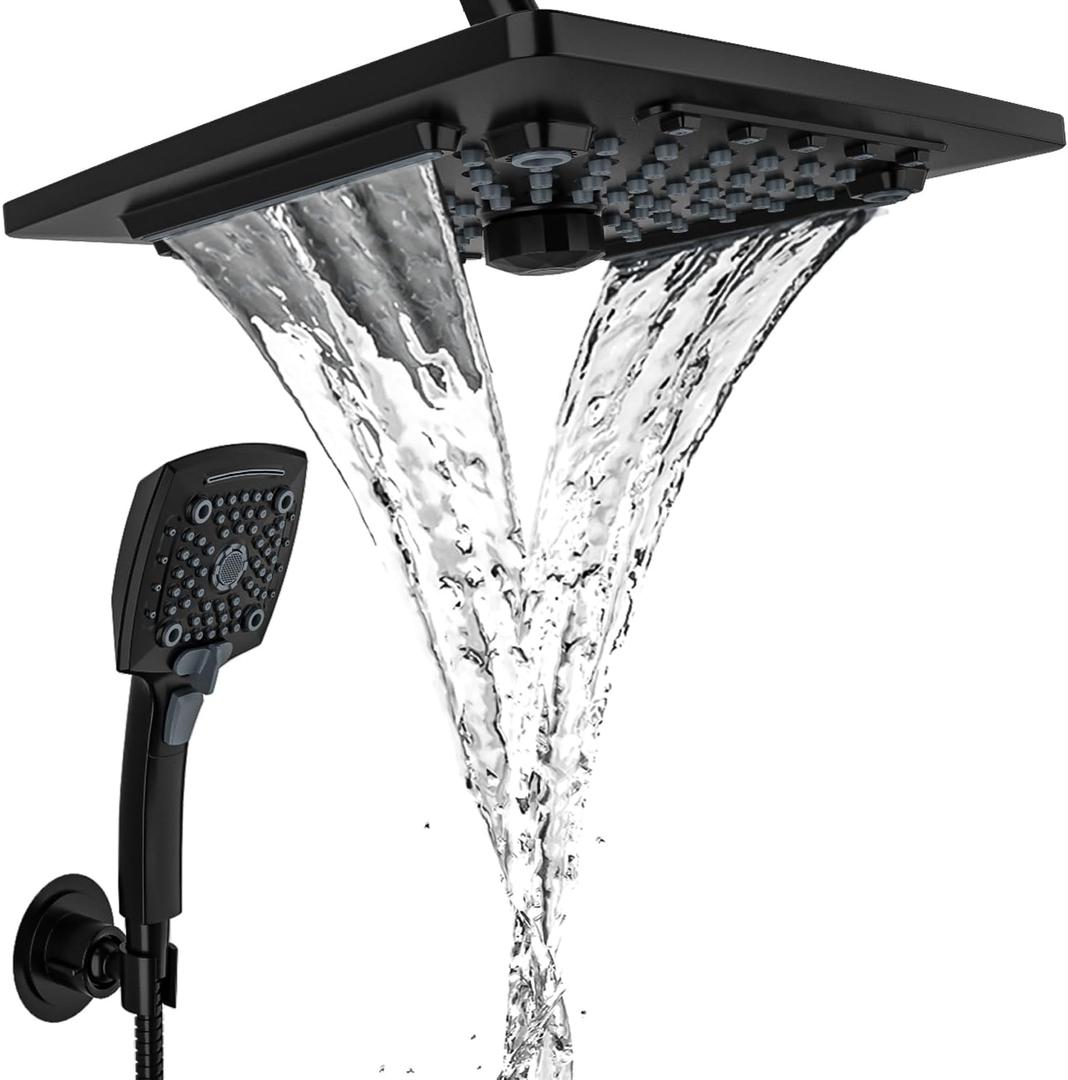 ELLO&ALLO Rain Shower Head with Handheld Spray, Rainfall Shower Head Combo with 60" Hose, Adjustable Dual Showerhead Set with 3-Way Diverter, Matte Black