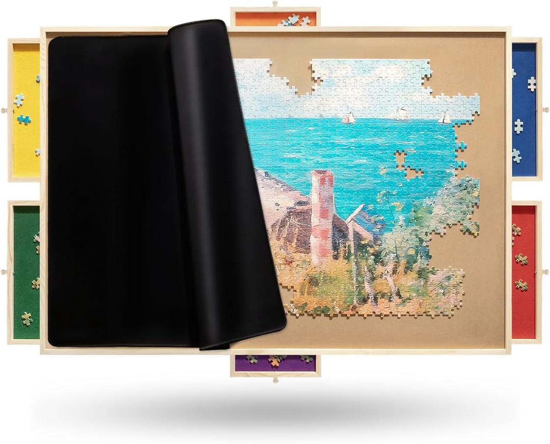 1500 Rotating Puzzle Board Pro, with 6 Drawers, Rubber Cover Mat, 34" x 25", 360 Lasy Susan, Sort-Wise Colorful Felt Drawers & 4 Trays, Wooden Jigsaw Puzzle Table, Birthday Gifts for Mom (Multicolor)
