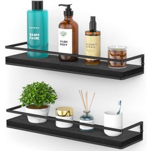 Meangood Floating Shelves Wall Mounted Set of 2, Rustic Wood Wall Storage Shelves for Bedroom,Living Room,Bathroom, Kitchen (Black)
