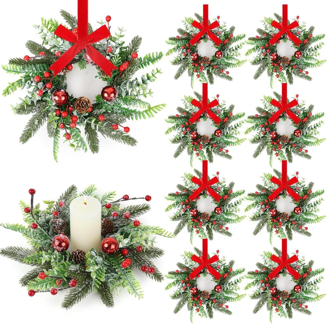 8 Pcs Christmas Candle Rings Wreaths Artificial Snowy Pine Cedar Red Berry Clusters Candle Rings Wreaths Mini Christmas Balls Wreath for Xmas Winter Front Door Window Decorations