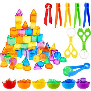 Bbiamsleep 76 Pcs Counting 3D Geometric Solids Colorful Plastic Geometric Shape Light Table Manipulative Counting Sorting Sensory Bin Filler Fine Motor Skills for Light Table Sorting Counting Training