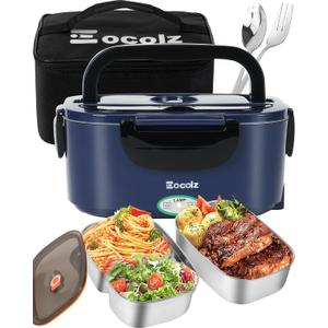 Eocolz Electric Lunch Box Food Heater 80-100W, Food Warmer with Dual Container 1.5L Portable Heated Lunch Box for Car Truck Work Stainless Steel Fork & Spoon 12/24/110V for Adults Lonchera Elctrica (Gray)