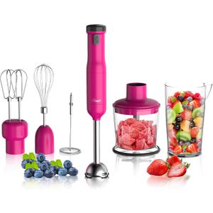 Rosewill 6-in-1 Multi-Speed Cordless Rechargeable Immersion Hand Blender, Heavy Duty Motor - Stick Blender, Beaker, Whisk, Chopper, Dual Beater, Milk Frother - For Smoothies, Baby Food, Soup - Rose
