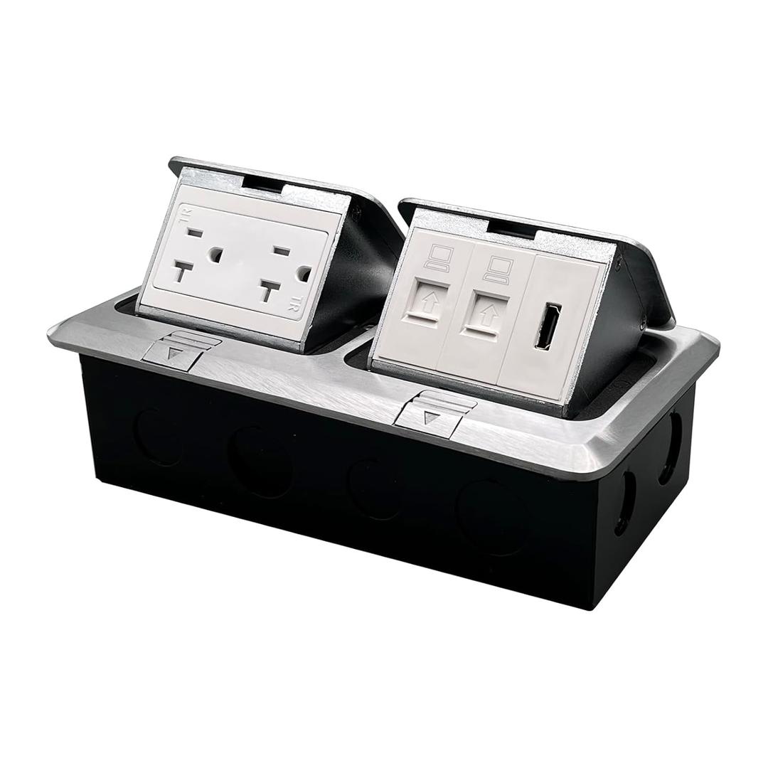 Pop Up Floor Outlet with Sockets and LAN, HDMI, 20 Amp Stainless Steel TR Receptacle Outlet
