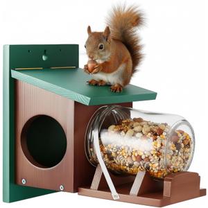 LemonRoad Wooden Squirrel Feeder, Wood Squirrel House for Outside Garden Tree, Chipmunk Feeder for Corn with Removable Storage Bottle, Green & Brown