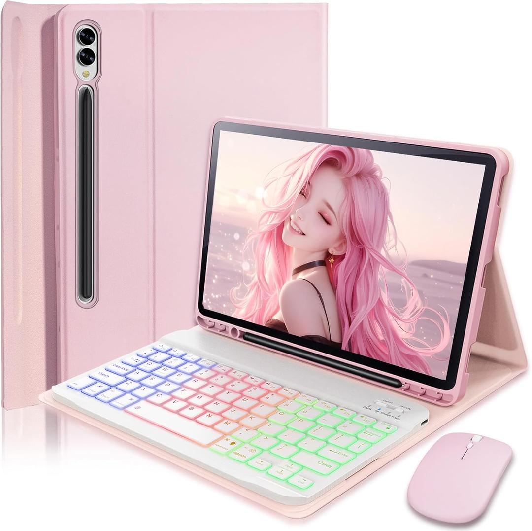 Case Keyboard for Samsung Galaxy Tab S10+ Plus / S9 FE+ Plus / S9+ Plus / S8+ Plus / S7 FE / S7+ Plus 12.4 inch  7 Color Rainbow Backlit Magnetic Keyboard with S Pen Holder with Mouse  Pink