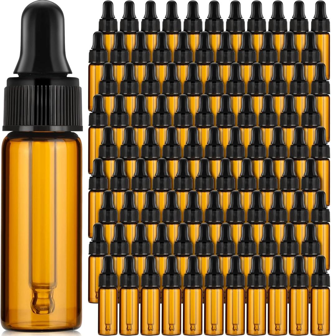 Bokon 100 Pcs Glass Dropping Bottles Mini Essential Oil Dropper Bottles Empty Sample Vials with Black Cap Tiny Storage Jars with Dropper for Perfumes Cosmetic Liquid Aromatherapy Lab (Amber,5 ml)