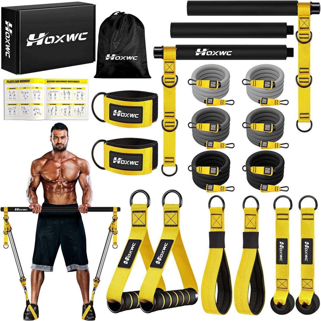 HOXWC Pilates Equipment, Portable Pilates Bar Kit with Resistance Bands, Professional Adjustable Heavy Duty Squat Workout Equipment for Men, Home Gym Muscle Strength Training, Full Body Exercise