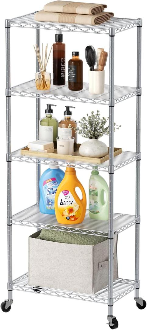 5 Shelves Storage Wire Shelf Closet Metal Shelving Pantry Wheels, 5Tier/14"D X 24"W X 61"H