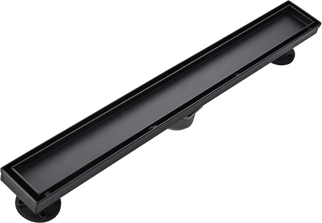 Linear Shower Floor Drain, Black 24 Inch 304 Stainless Steel Bathroom Drains Kit, Rectangular Shower Trench Drain with Reversable Tile-in Pattern Drain Cover & Hair Catcher (24 Inch, Matte Black)