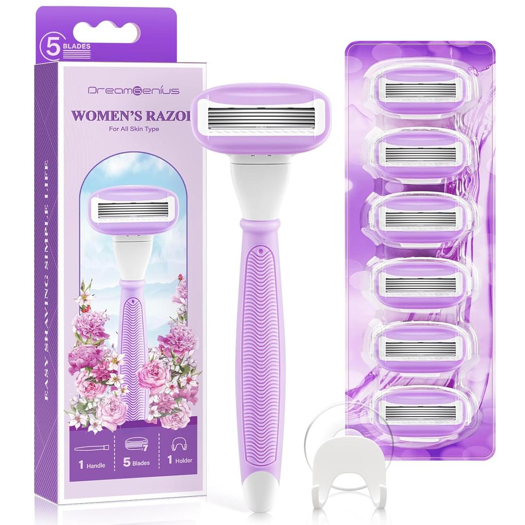Razors for Women Include 1 Non-Slip Handle and 7 Blade Refills with a Shower Holder, 5 Premium Blades Women's Razors for Shaving with 360 Lubrication Reduces Irritation, Purple