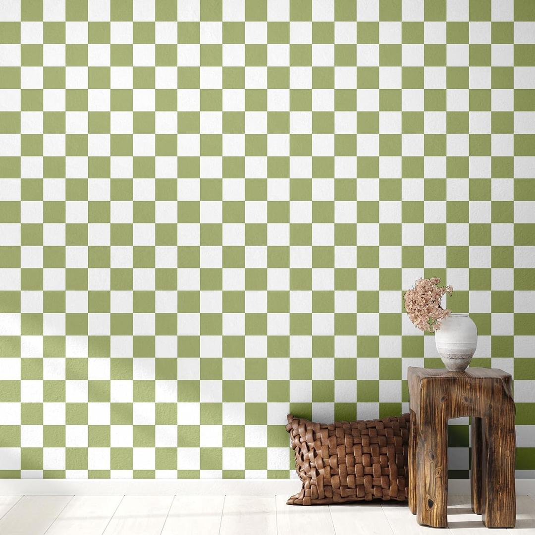 Light Green Checkered Peel and Stick Wallpaper 70s Retro Funky Checkered Contact Paper Geometric Waterproof Wallpaper Neutral Checkerboard Decor for Bathroom Cabinet(9.8' x 15.75'')
