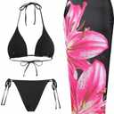 ZAFUL Womens 3pcs Swimsuit Floral Halter Triangle Bikini Top Tie Side Bottom with Long Sheer Cover Up Skirt, L