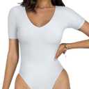 REORIA 2025 New Short Sleeve Women's Bodysuits V Neck Seamless Going Out Basic Thong Bodysuit tshirt bodysuit (White) S