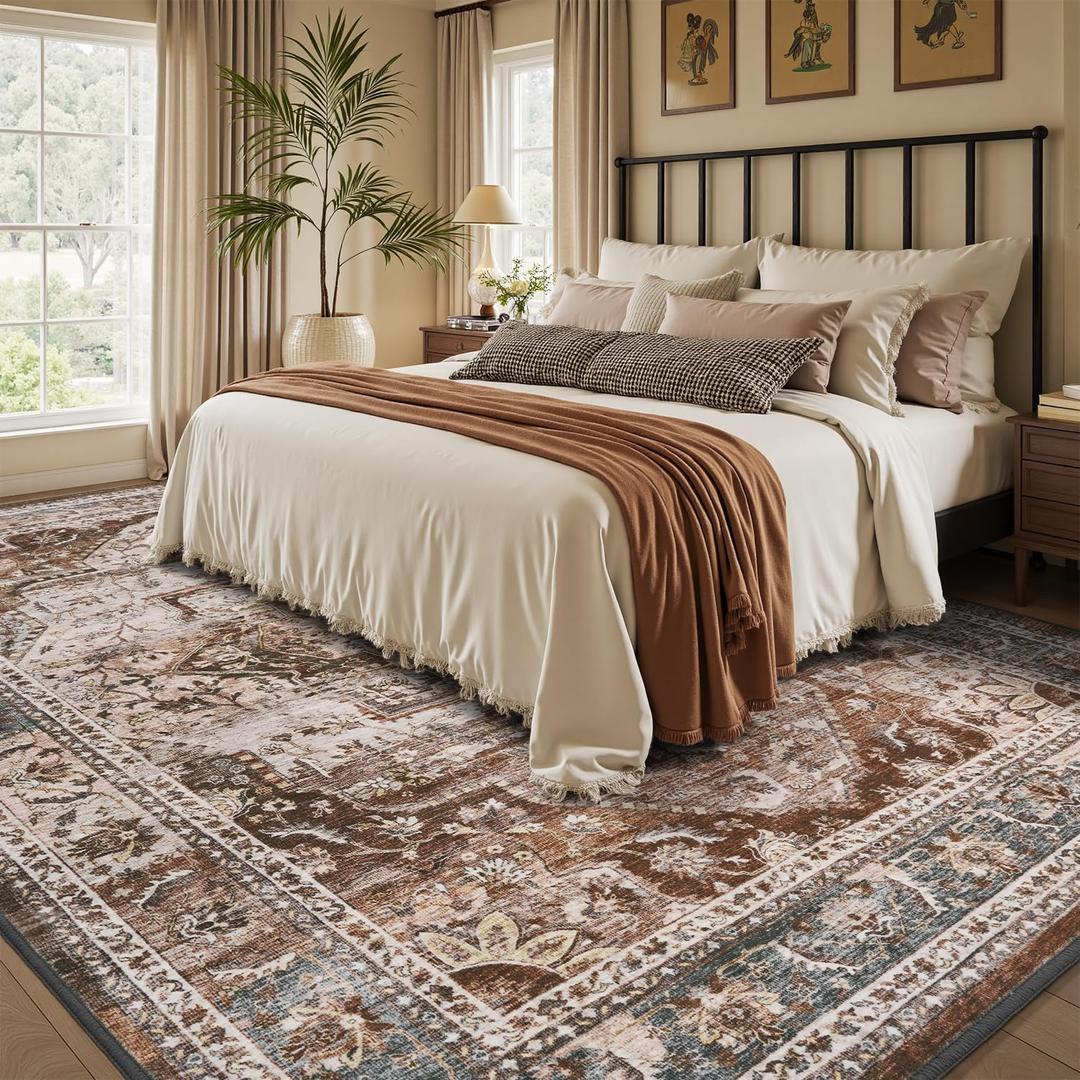 6x9 Area Rugs for Living Room Rug Brown Bedroom Rug Carpet Washable Neutral Vintage Dining Room Rugs for Under Table Soft Comfortable Non Slip
