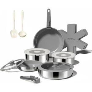 16PCS Pots and Pans Set Non Stick, Diamond-Titanium Ceramic Cookware Set & 3 Layer Stainless Steel with Detachable Handle, Induction Cookware, Non Toxic Oven/Dishwasher Safe, Gray, 16 Piece