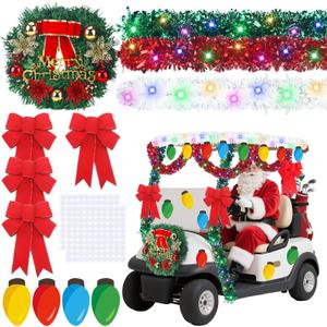38pcs Christmas Parade Golf Cart Decoration Kit with Light String Golf Cart Supplies Christmas Wreath Bow Red Green White Tinsel Garland Colorful Bulb Cutouts with Glue for Holiday Parade Decoration