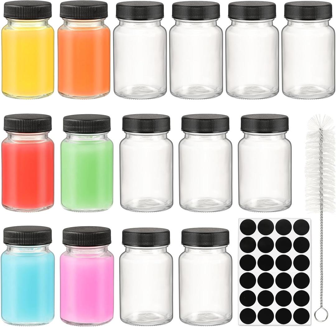 2 oz 15pcs Glass Shot Bottles Black Lids & 24 Labels And Brush-Small Clear Jar for Ginger,Juice, Sample, Whiskey-Travel Essentials Mini Bottles-Wide Mouth, Leakproof,Wellness Shot,Dishwasher Safe (15)