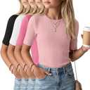 4 Pack Girls Soft Shirts | Short Sleeve, Ribbed, Slim Fit Tops, Crewneck, Cute, Casual, Basic Tee Shirts, Summer, Stretchy, Daily School Wear