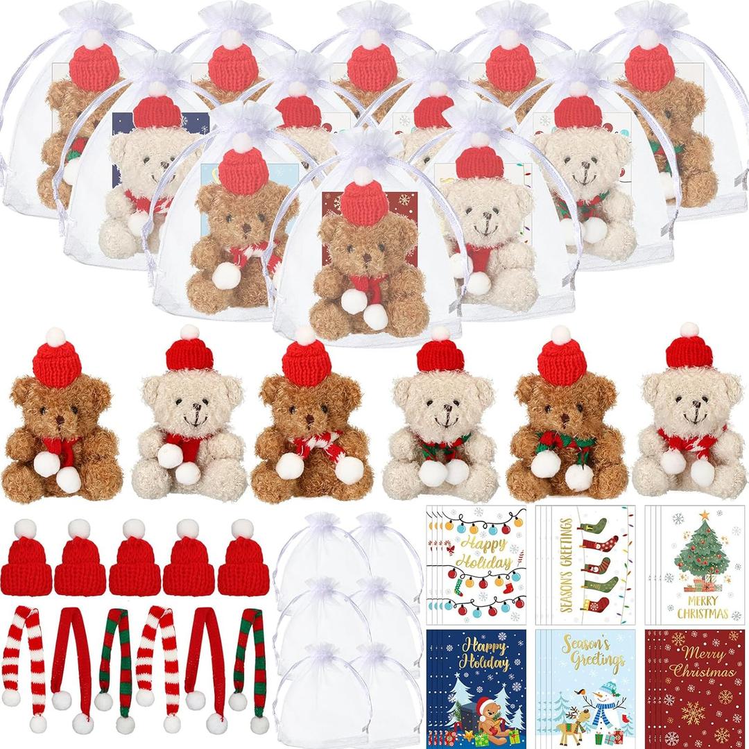 Poen 24 Set Christmas Gift 4 Inch Mini Christmas Stuffed Plush Bear with Santa Hat Scarf Cards Organza Bags Xmas Small Bear Toy Set for Holiday Party Favor(Cute Style)