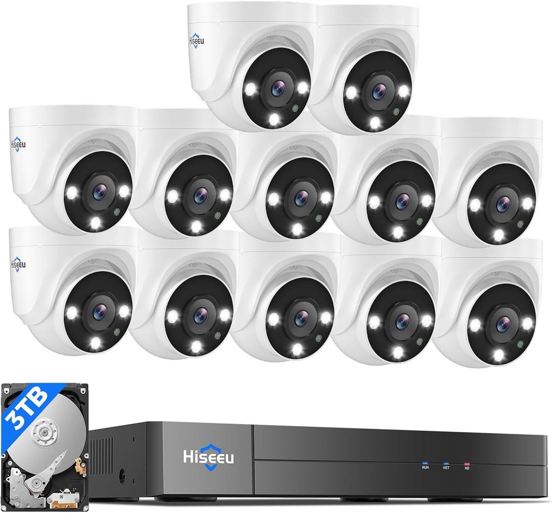 Hiseeu 12 Channel Wired Security Camera System with Smart Dual Light,Audio,Person/Vehicle Detection,121Wide View,5MP DVR,12PCS 5MP IP67 Outdoor CCTV Cameras,3TB HDD for 24/7 Surveillance