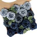 N&T NIETING Fake Roses with Stems,25pcs Artificial Flowers Dusty Blue Fake Roses Flowers for DIY Wedding Bouquets Centerpieces Floral Arrangements Home Mother's Day Decorations Shades of Navy Blue