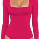 MANGOPOP Women's Square Neck Short Sleeve Long Sleeve Bodysuit Sexy Body Suits Shirt Slim Fitted Tops, Size L