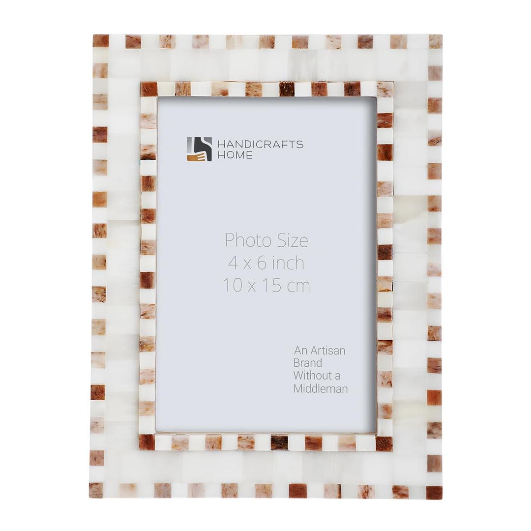 Handicrafts Home White & Brown 4x6 Picture Frame, Decorative Photo Frame for Tabletop or Wall Hanging Frame for Living Room Bedroom Office Decor, Linear Checkered Bone Inlay, Coastal Decor Blue Frame,  Checkered Brown White