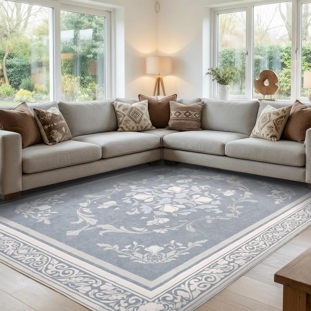 SOULFUL Medium Pile 8x10 Rugs for Living Room - Cozy Soft Underfoot Large Area Rug - Greige Boho Floral - Washable Non-Slip - Perfect for Bedroom Kids Room Under Dining Table Office