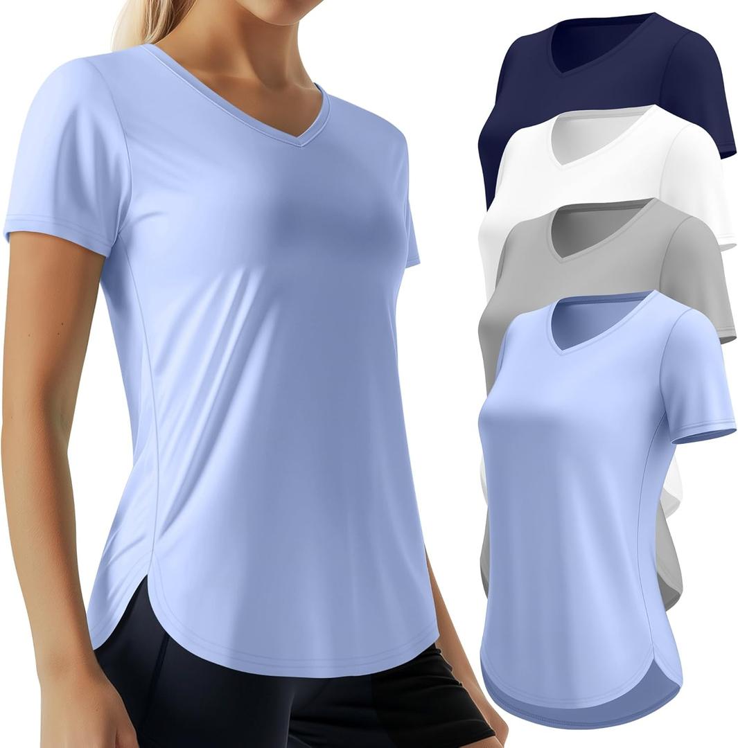 4 Packs Women's Short Sleeve Workout T Shirt Side Slits Curved Hem V Neck Breathable Exercise Tops Quick Dry UV Tee (Large)