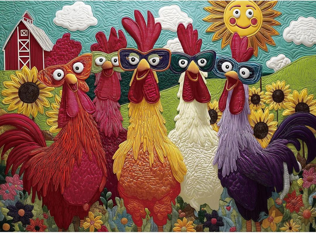 Puzzles for Adults 500 Pieces, Colorful Rooster Puzzle Jigsaw Puzzles 500 Pieces - Merry Chickens, Chicken Decor Impossible Puzzle, Finished Size 20.47 * 14.96, with 1:1 Poster, Letter on The Back