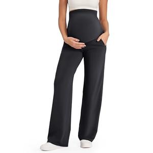 G4Free Maternity Yoga Pants with Pockets Pregnancy Outfit Dress Work Pants for Casual Athletic Workout(Black,M 8 , Petite)
